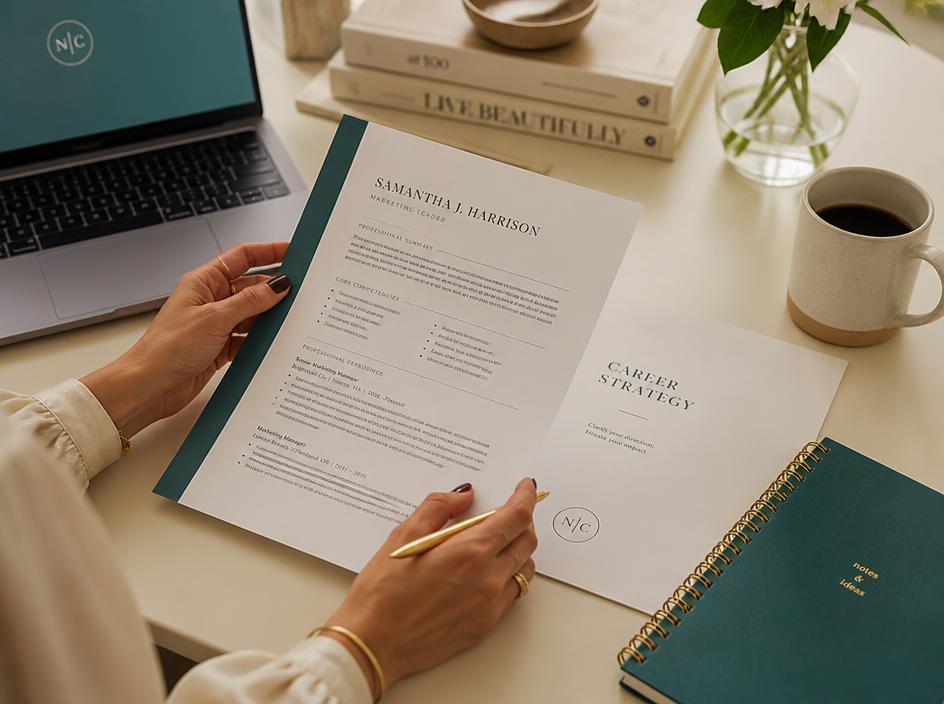Hands reviewing a resume with a gold pen on a cream desk