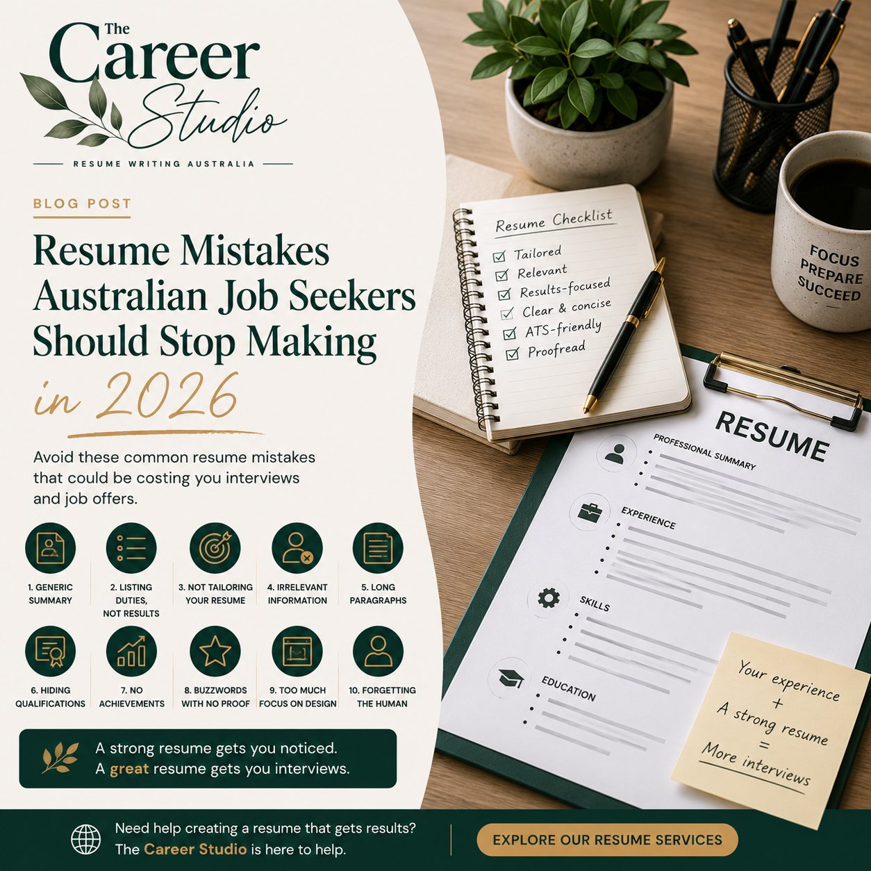 Designed blog graphic: Resume Mistakes Australian Job Seekers Should Stop Making, with a 10-point checklist