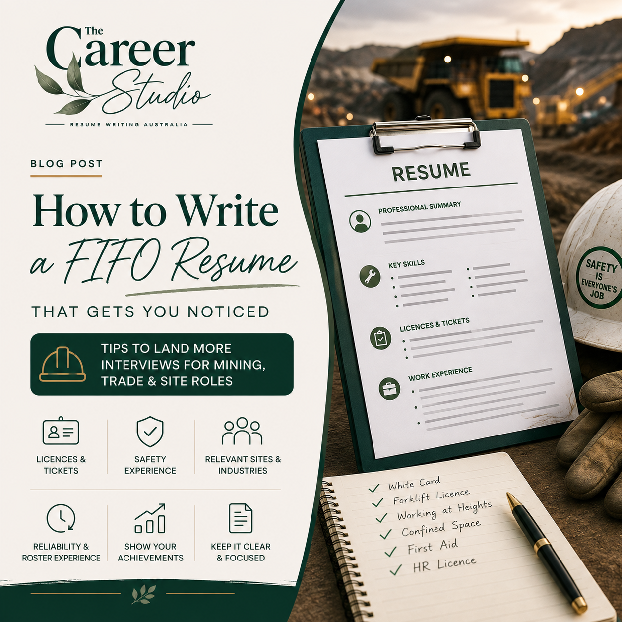 Designed blog graphic: How to Write a FIFO Resume That Gets You Noticed, with licences and safety checklist