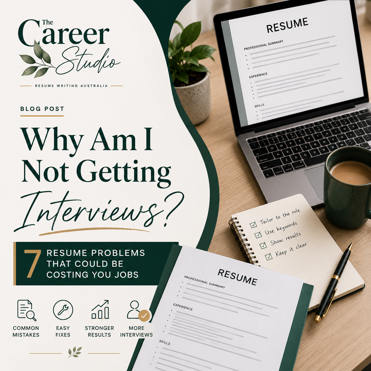 Designed blog graphic: Why Am I Not Getting Interviews? with resume checklist and laptop