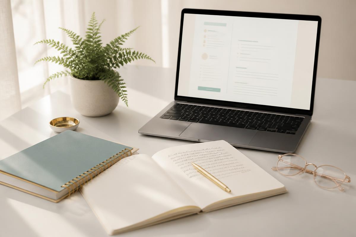 Professional resume review workspace with laptop, notebook and gold pen