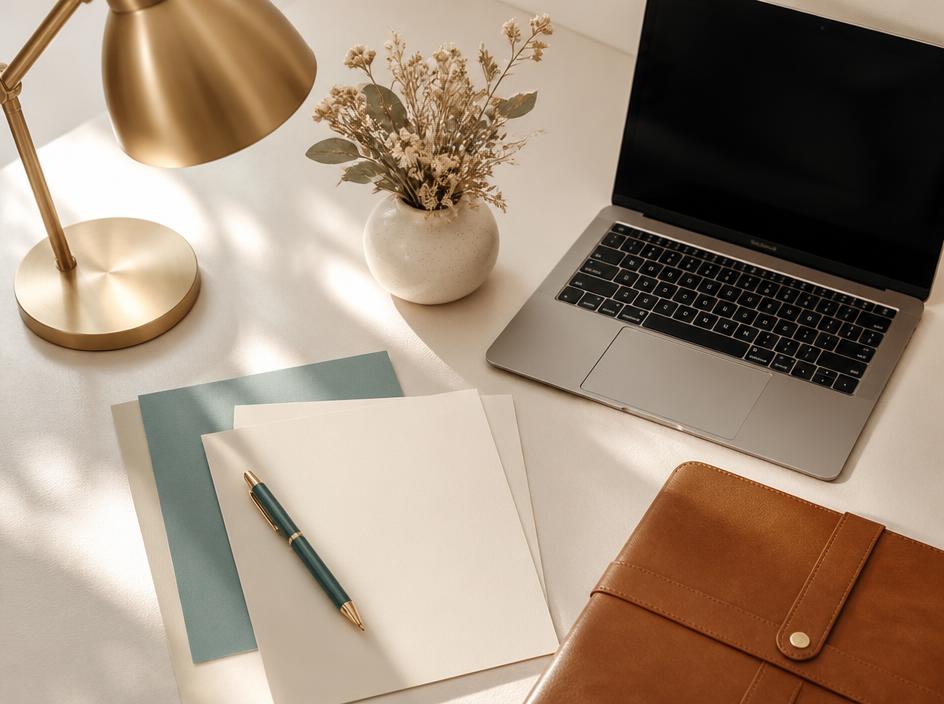 Elegant desk with laptop, portfolio and gold desk lamp