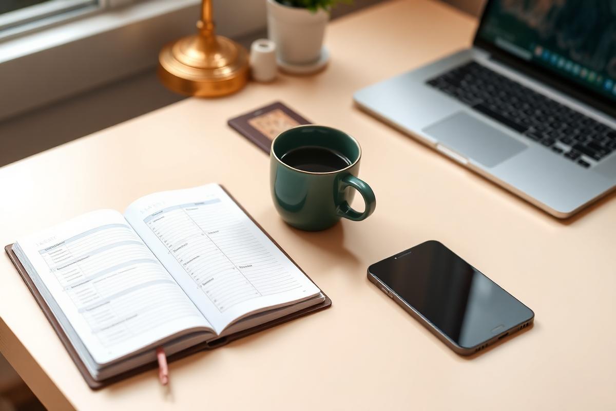 A calm home office job search setup with planner, coffee and laptop