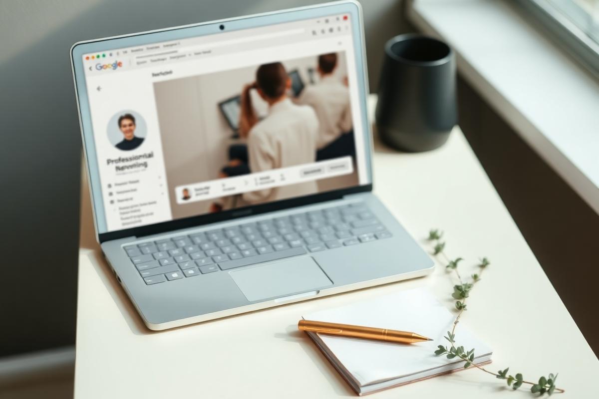 A laptop showing a professional networking profile on a bright desk