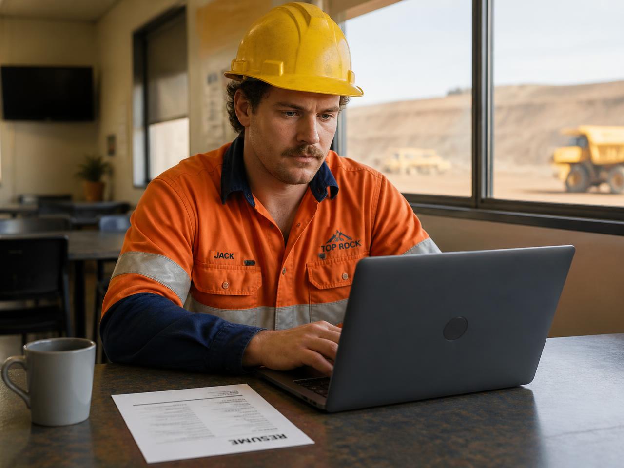 FIFO worker in hi-vis reviewing a resume on a laptop at Perth airport
